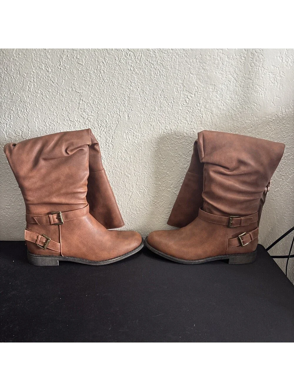 Marit WC Brown Riding Boots Slouch Knee High Double Buckle Strap Size 9